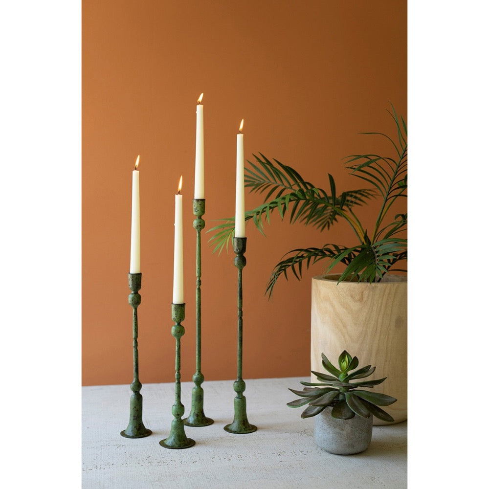 green patina candle holders set forged iron
