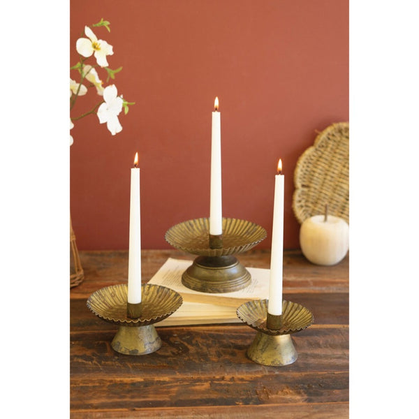 3 taper candle holders antique gold fluted bases