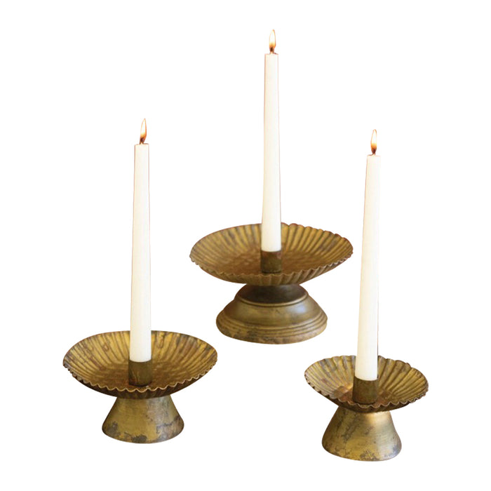 3 taper candle holders antique gold fluted bases