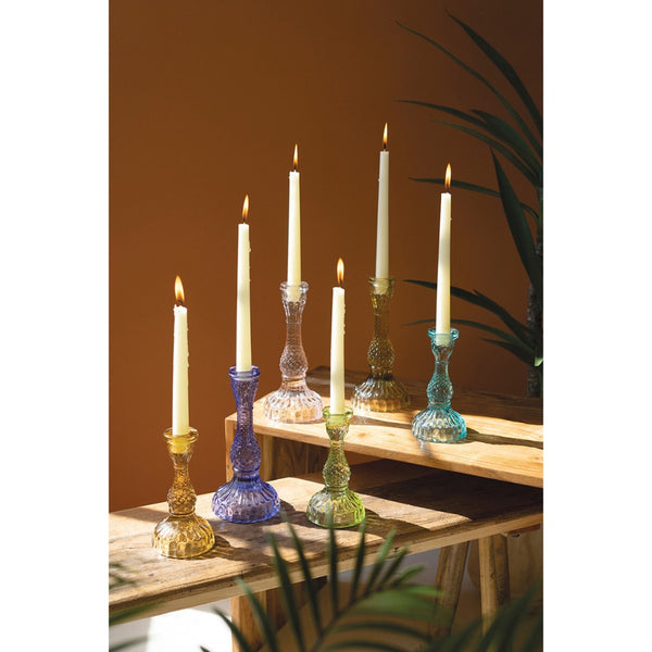set of 6 colored glass taper candle holders
