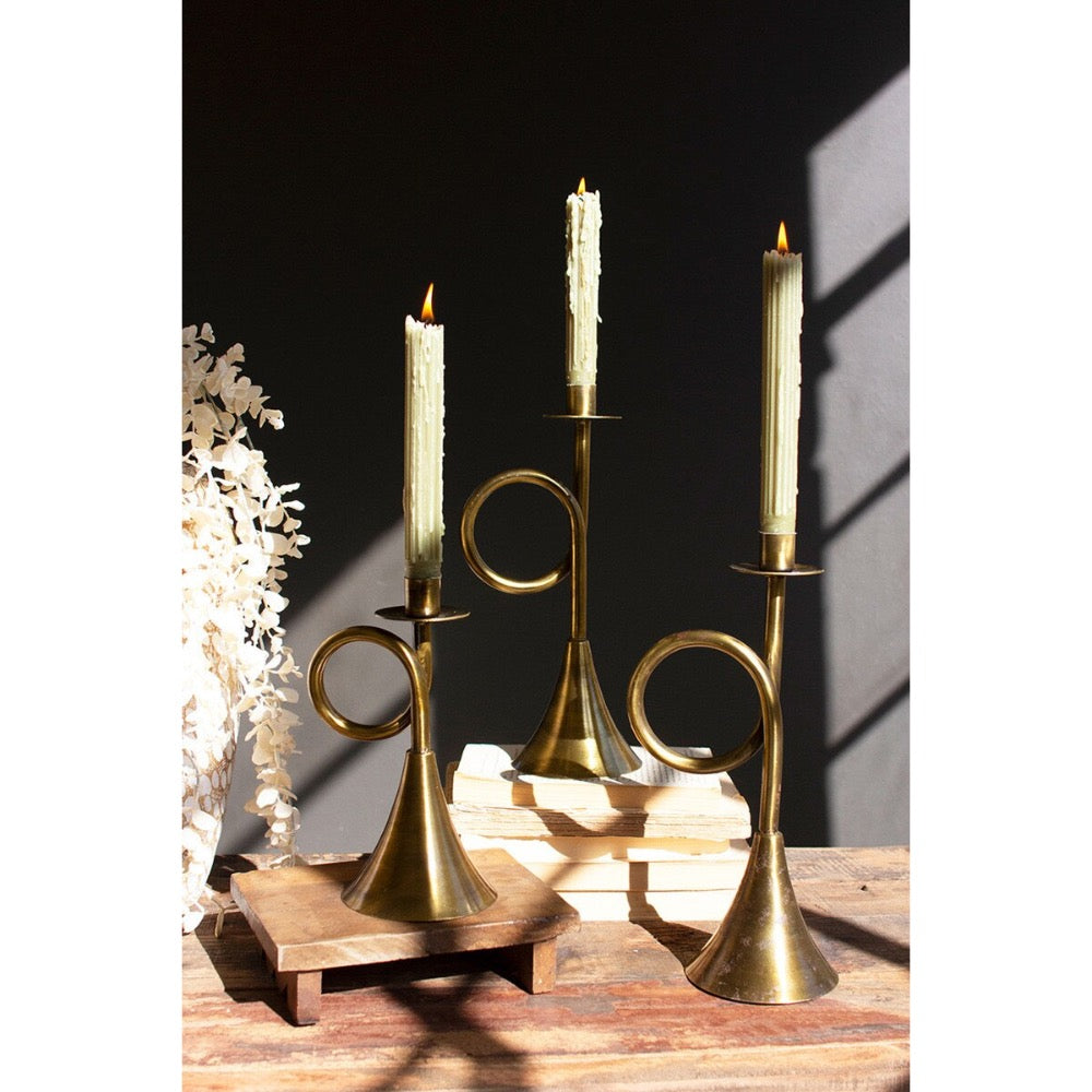 3 brass trumpet-shaped taper candle holders