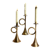 3 brass trumpet-shaped taper candle holders