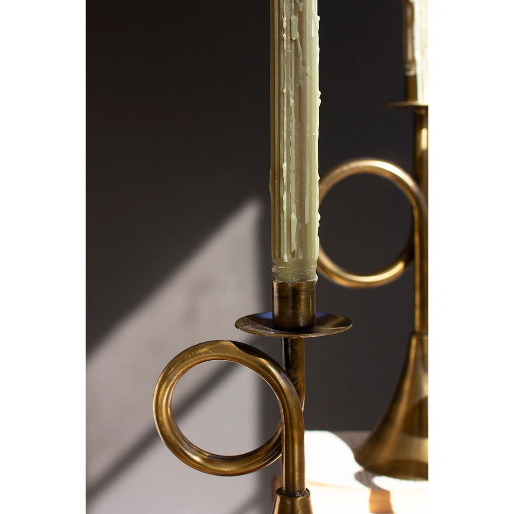 3 brass trumpet-shaped taper candle holders