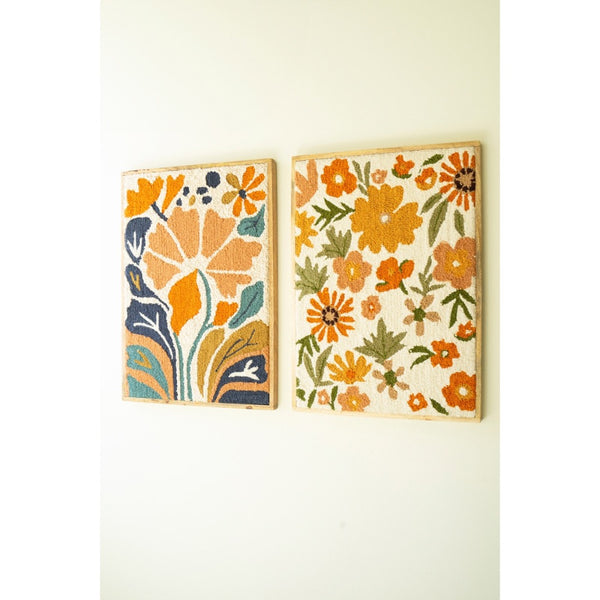 wood framed wall art hand hooked florals multi colored