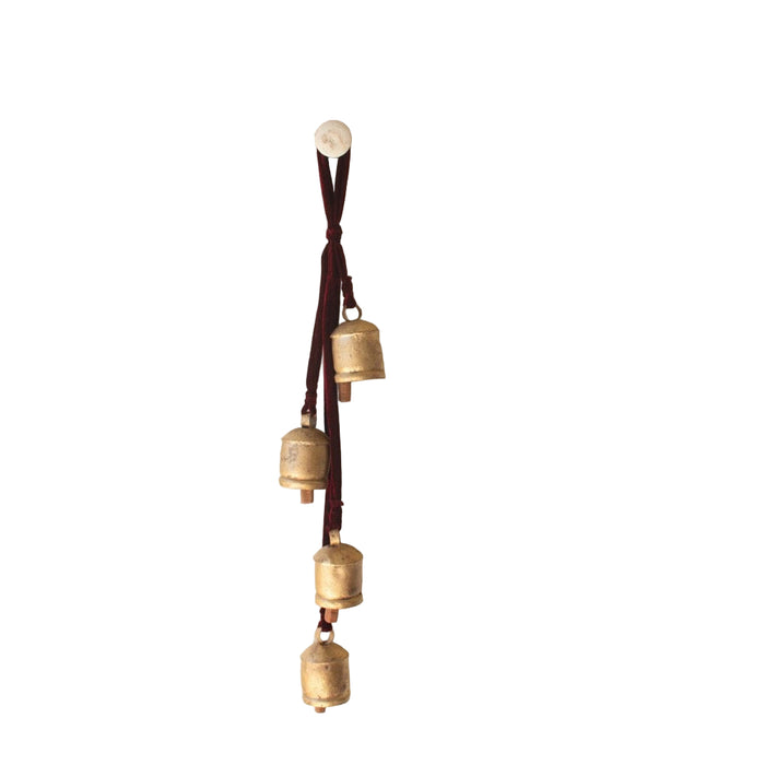 aged gold bells cluster maroon velvet ribbon