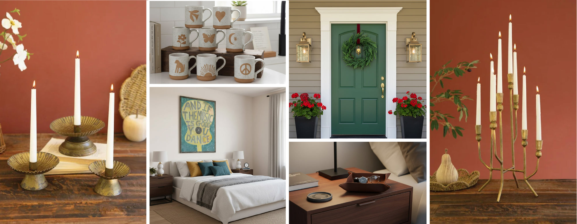 New arrivals collage image of two sets of candle holder, art, mugs, a door wreath and a men's valet