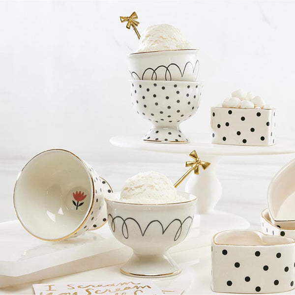 ceramic ice cream bowl set polka dot black white