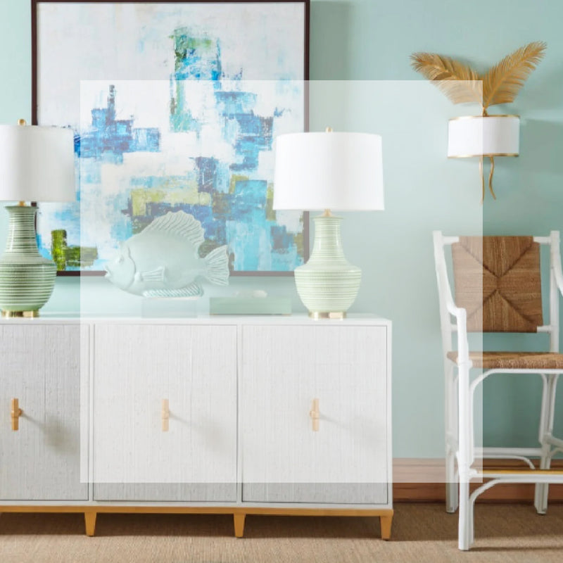 White raffia wrapped sideboard cabinet with brass handles and brass finish feet