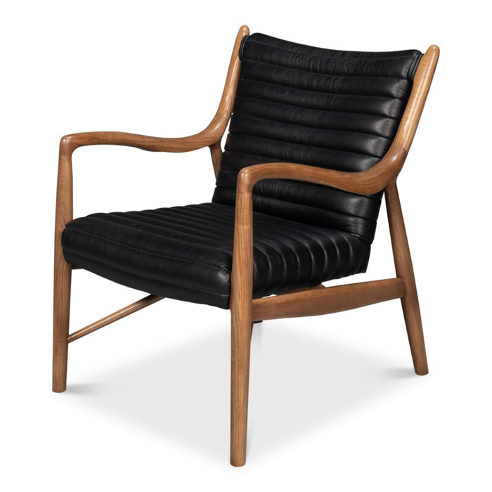 wood frame armchair black leather seat back