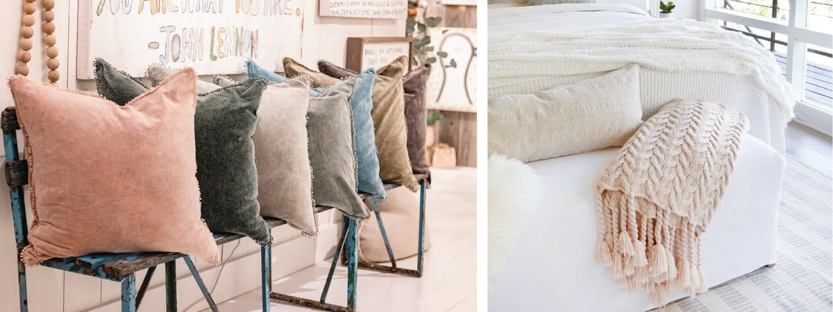 As series of pillows in spring colors and a blush pink throw over the a bedroom ottoman.