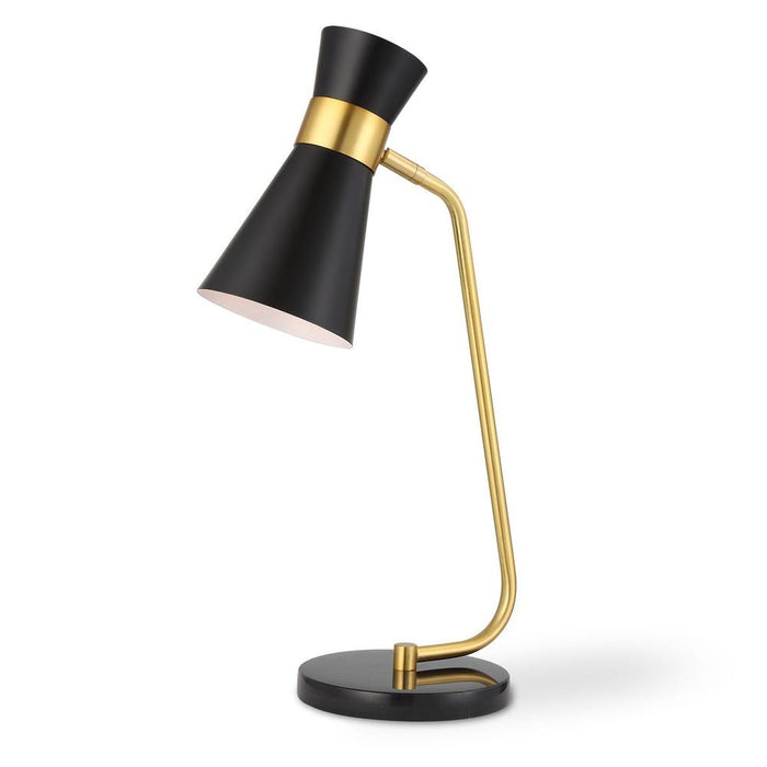 Uttermost Black + Gold Desk Lamp features a conical shade, curved stand, and sleek black marble base.