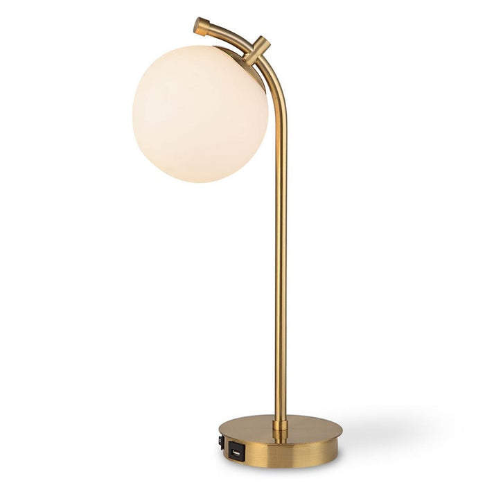 The Uttermost Glass Globe Desk Lamp features a brass finish, white glass globe, round base, and USB charging port.