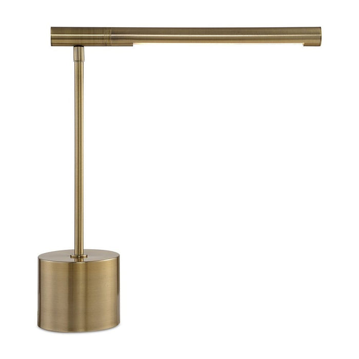 Uttermost Antique Brass Desk Lamp with a cylindrical base and rotating arm featuring an integrated light system.