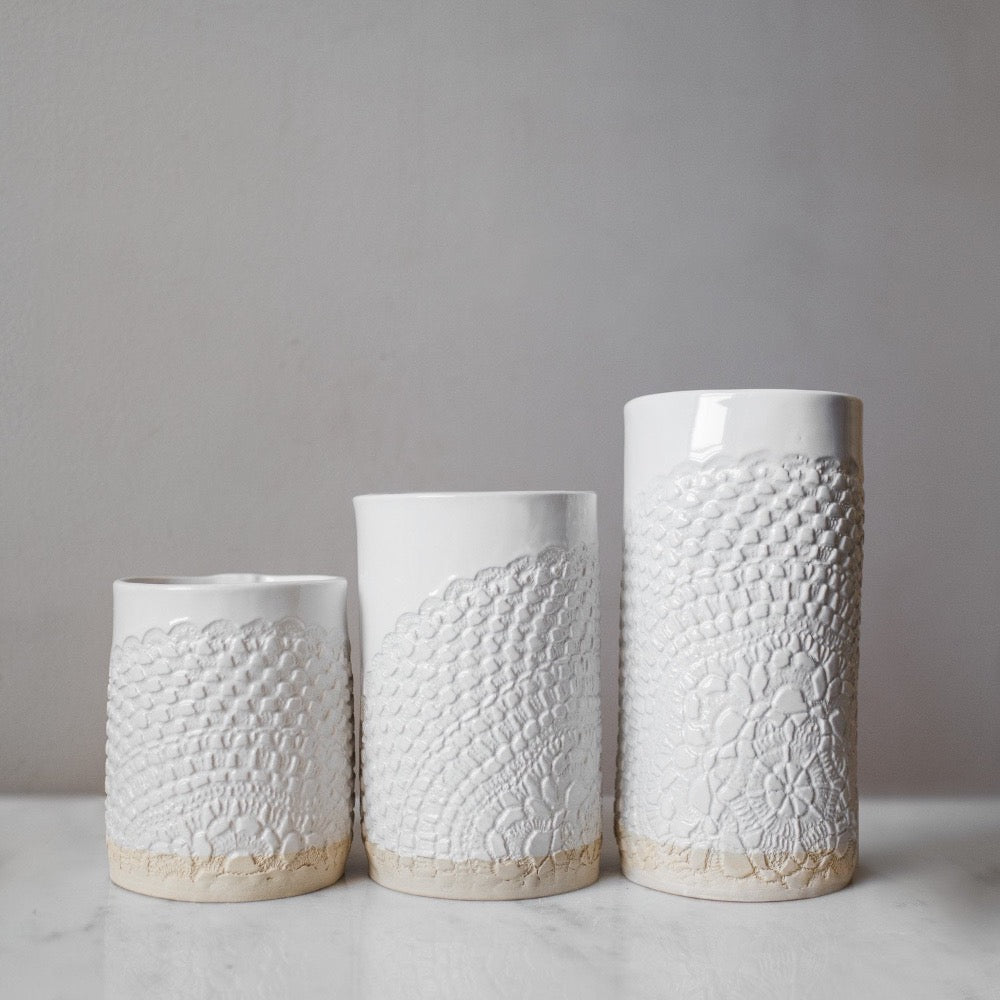 ceramic lace canister white handmade round