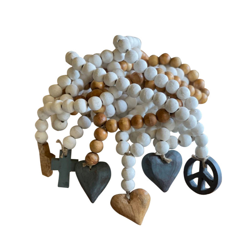 wood prayer beads white washed hanging charm mango wood decor