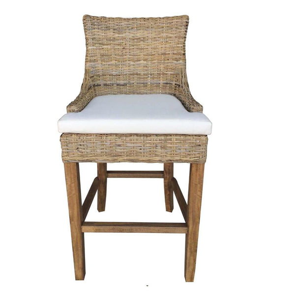 barstool natural rattan woven curved back white seat cushion wood legs Padma's Plantation