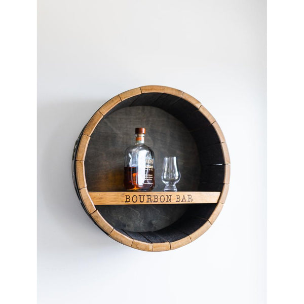 round bourbon bar barrel wall shelf whiskey quote