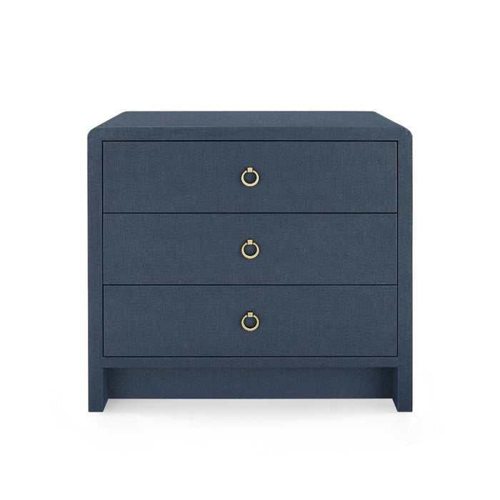 blue linen 3 drawer side table brass pulls