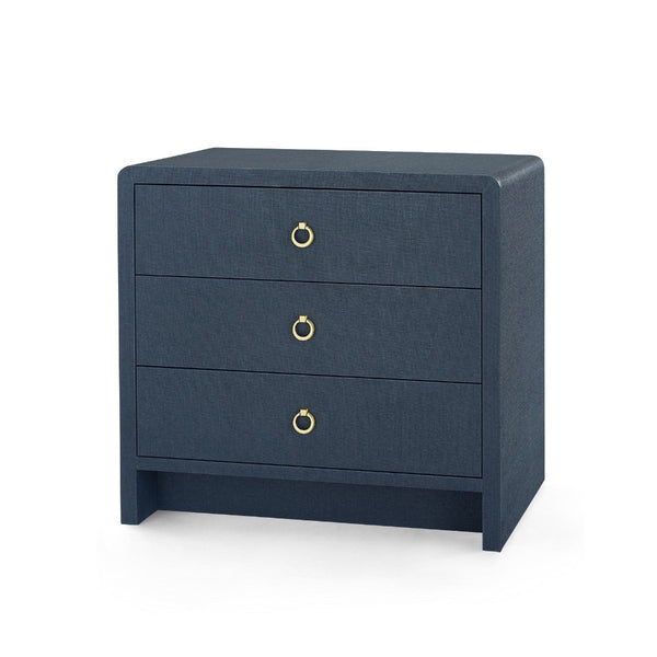 blue linen 3 drawer side table brass pulls