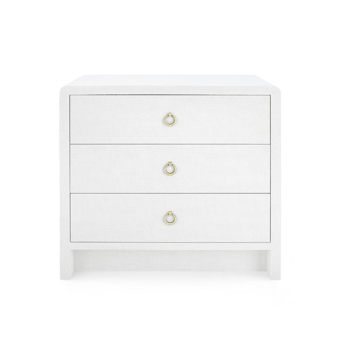 white linen 3 drawer side table brass pulls