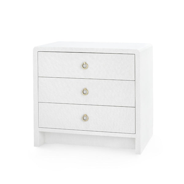 white linen 3 drawer side table brass pulls