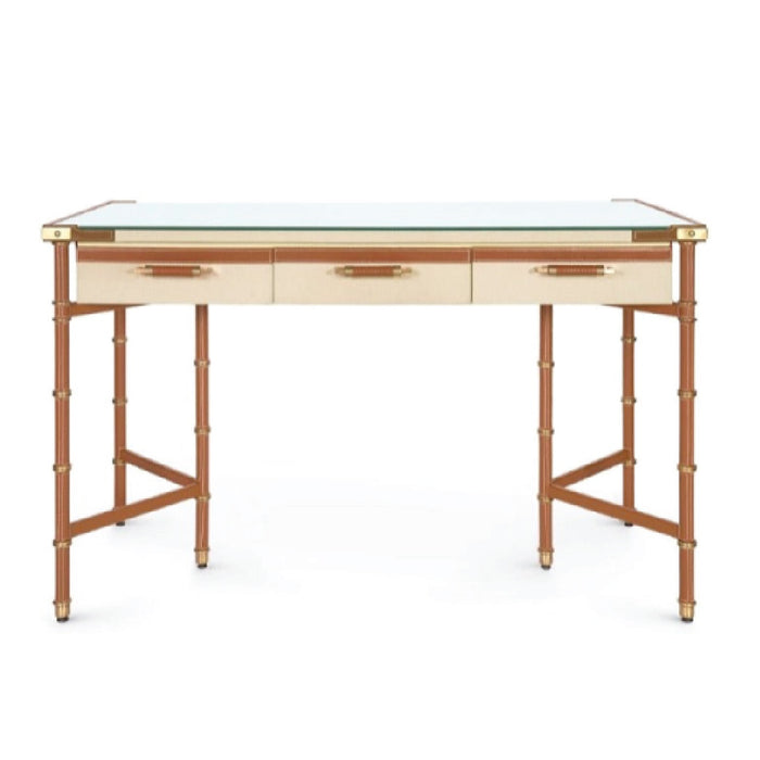 leather wrapped canvas drawer desk tan gold accents