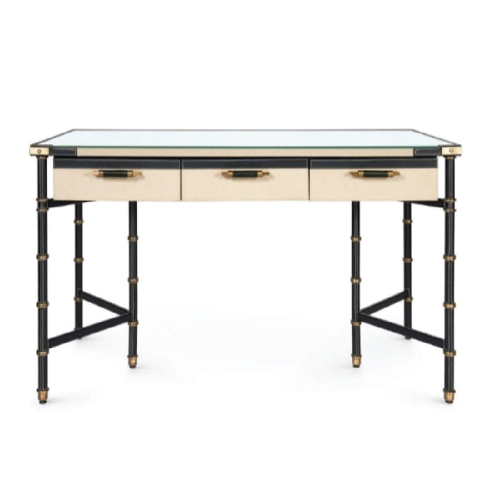 leather wrapped canvas drawer desk black gold accents