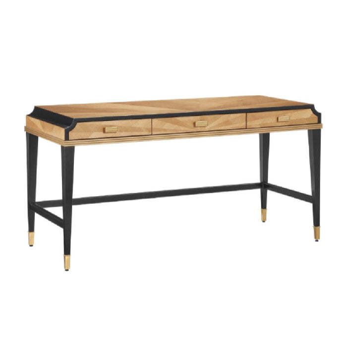 desk tan veneer pieced brass handles black trim