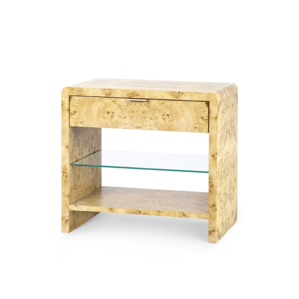 one drawer side table glass shelf brushed brass pull burl wood