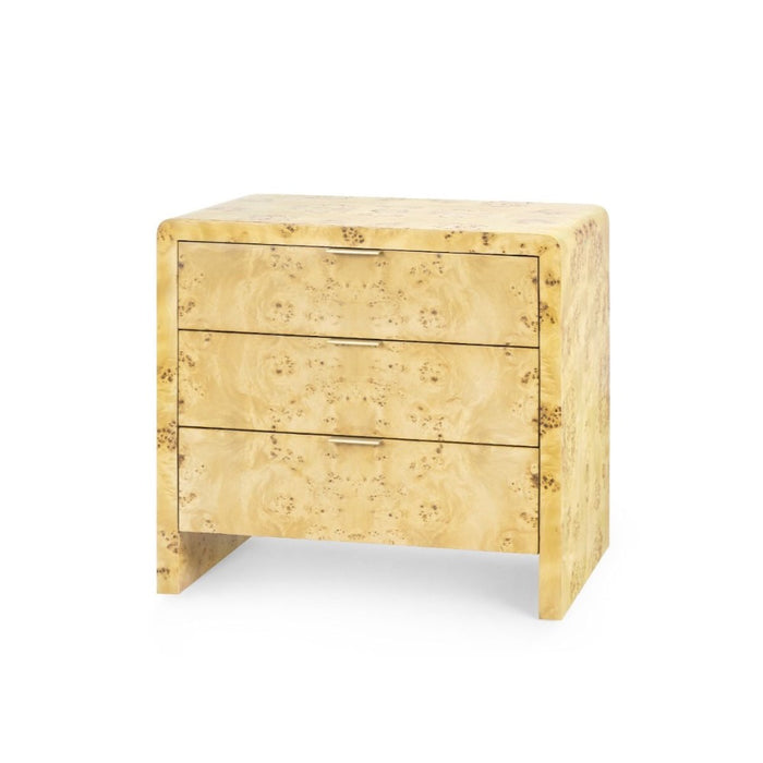 side table three drawer burl wood brushed brass accents