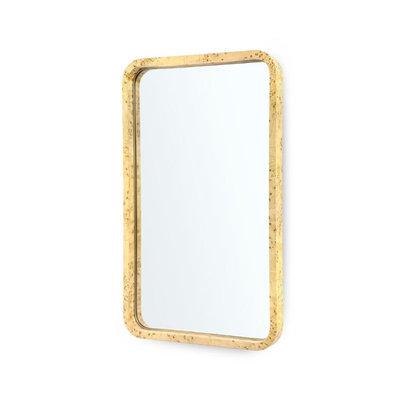 oak burl wood wall mirror curved edge brushed brass accent 