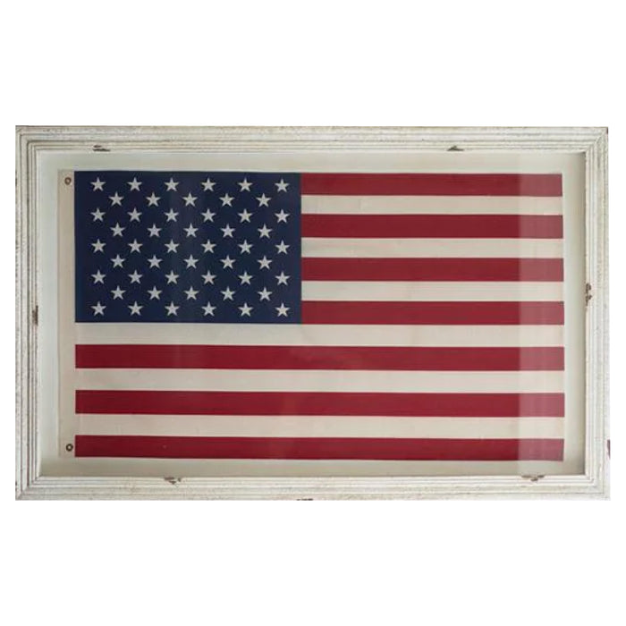Kalalou's Large Framed American Flag Under Glass, ideal for home decor with a rustic white frame.