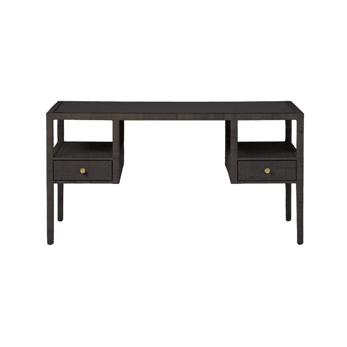 smoke peeled rattan open shelf desk two drawer