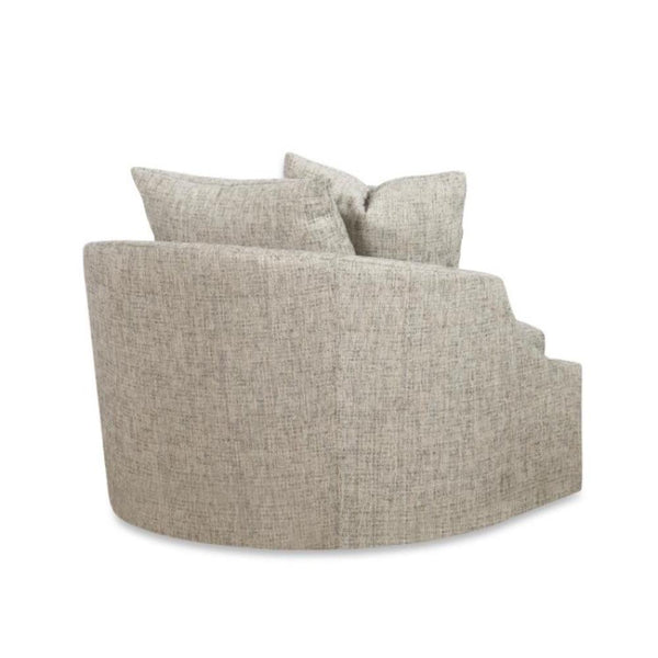 grey tan large upholstered swivel chair toss pillow