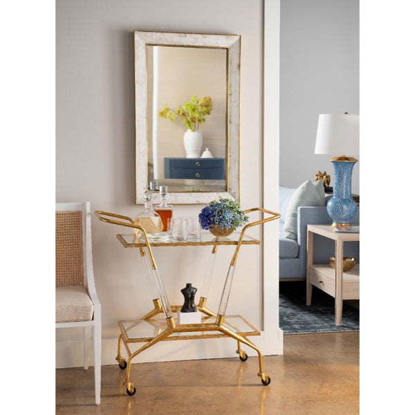 gold leaf metal tempered glass shelf bar cart