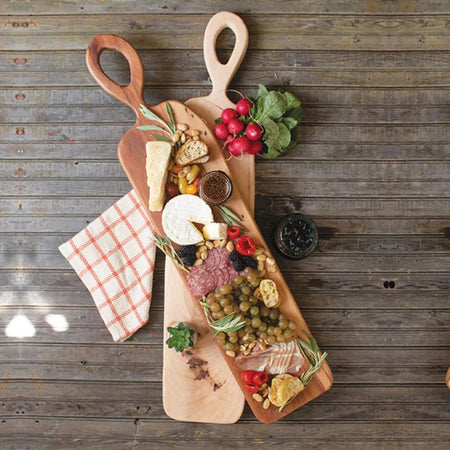 rectangular wood charcuterie board in natural with keyhole design handle 