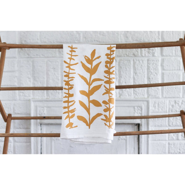white flour sack tea towel yellow mustard eucalyptus