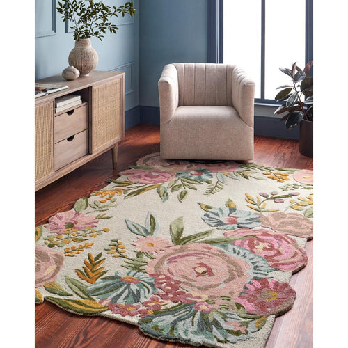 floral boho area rug bright wool hand tufted pink blue cream