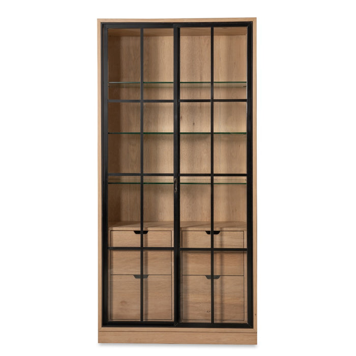 light wood cabinet sliding glass doors shelves drawers