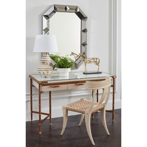 leather wrapped canvas drawer desk tan gold accents