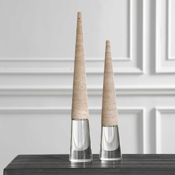 2 cone-shape sculptures travertine clear crystal