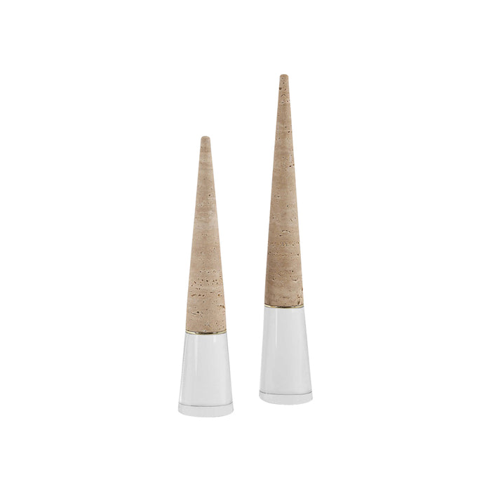 2 cone-shape sculptures travertine clear crystal