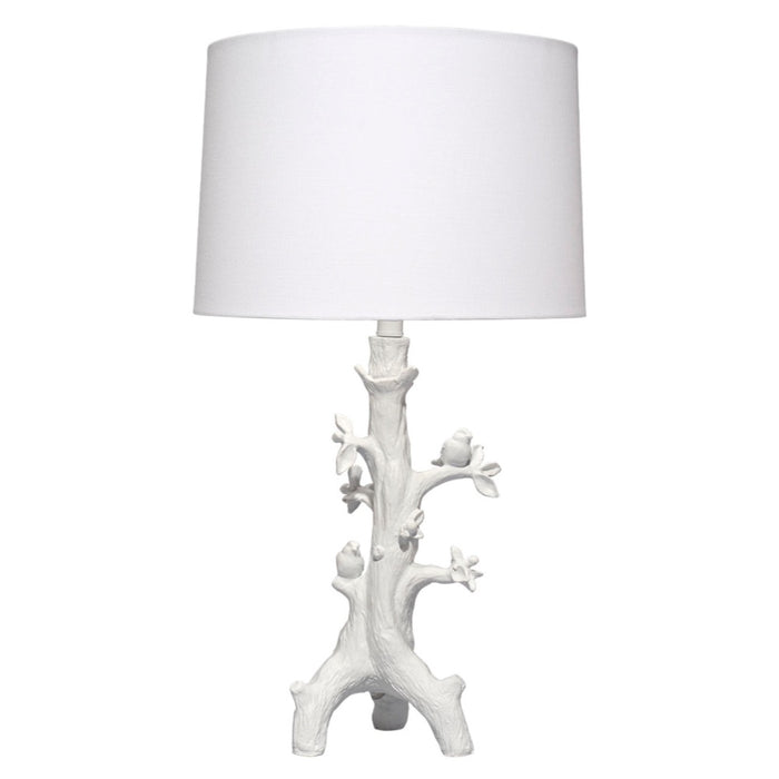 white tree trunk birds leaves table lamp drum shade
