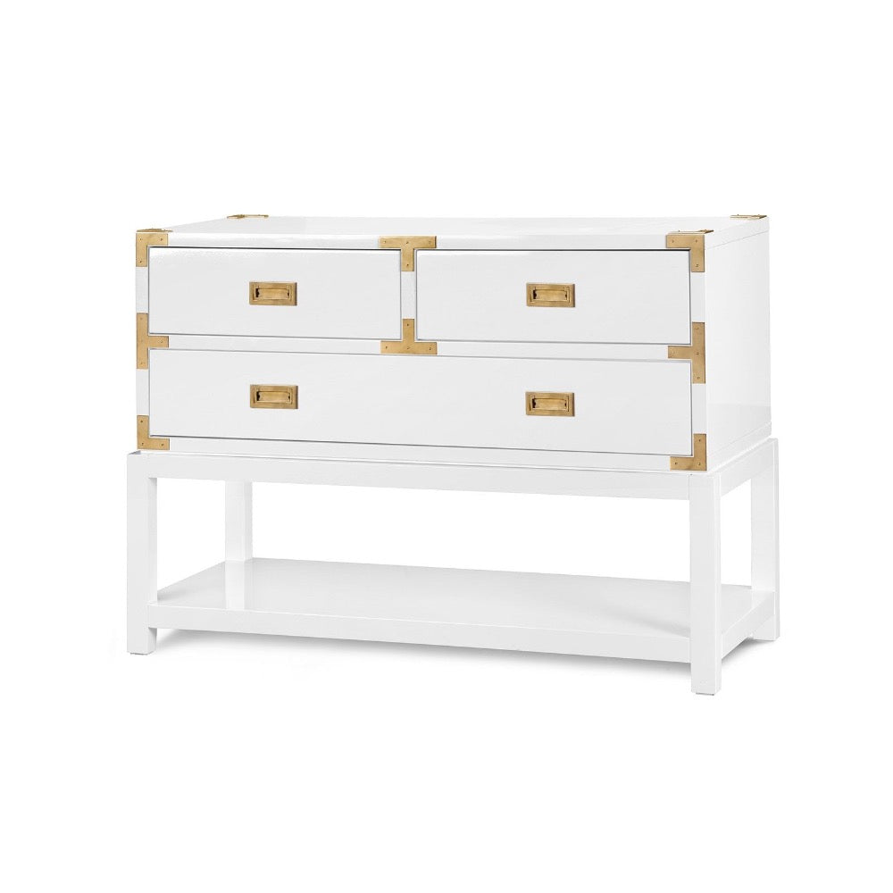 console table gloss white gold accents fixed shelf drawers