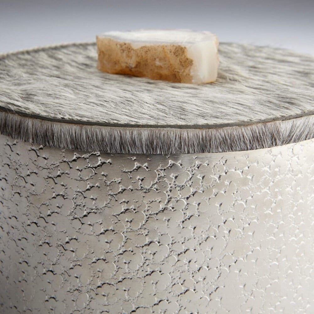 round textured silver container hide lid stone accent