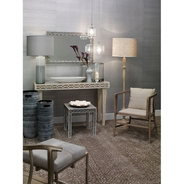 natural wood waxed shapely floor lamp linen shade