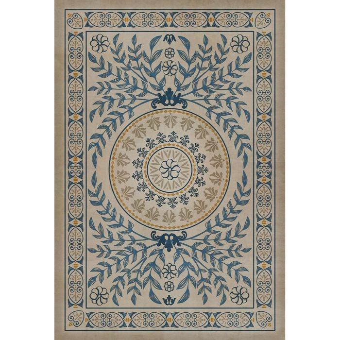 blue tan medallion tile lay flat vinyl rug