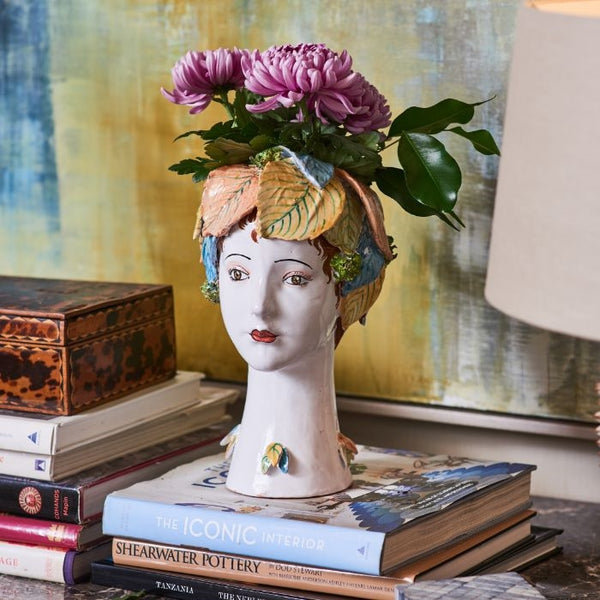 ceramic head vase leaves decor organic multi color