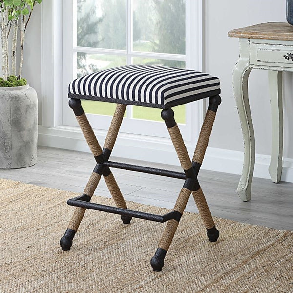 counter stool rope black iron navy cream stripe