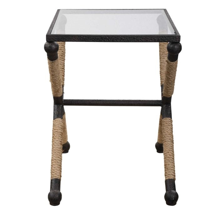 side table rope wrapped base black natural iron frame